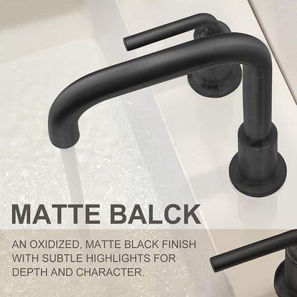 3 Hole Bathroom Faucet, Matte Black Bath Faucet | 8 Inch Widespread Faucet, 2 Handle Bathroom Sink Faucet with Drain Assembly Supply Line, Solid Brass Bath Faucet BF503-MB