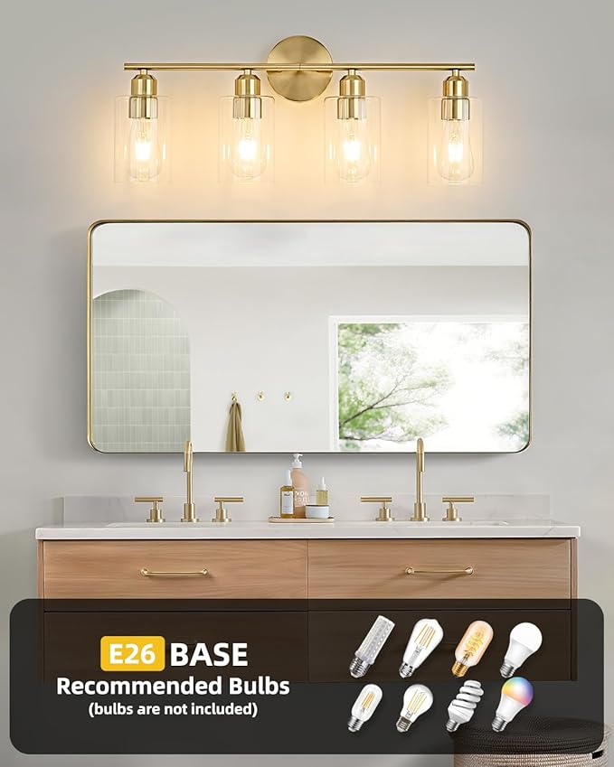 4-Light Bathroom Light Fixtures, Gold Bathroom Vanity Lights, Bathroom Lighting Fixtures Over Mirror with Clear Glass Shade, Wall Sconce Light for Bedroom, Living Room and Hallway
