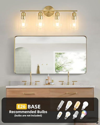 4-Light Bathroom Light Fixtures, Gold Bathroom Vanity Lights, Bathroom Lighting Fixtures Over Mirror with Clear Glass Shade, Wall Sconce Light for Bedroom, Living Room and Hallway