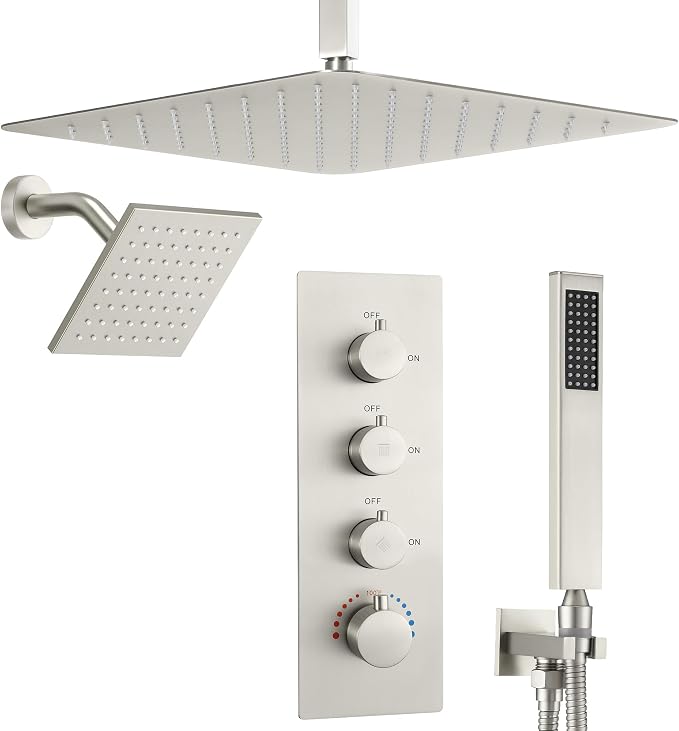 16" Thermostatic Dual Rainfall Head Brushed Nickel Shower System | Ceiling Mounted Full Body Shower Faucet Set with Thermostatic Valve for Couples/ 2-Person，16“+6”Shower Head & handheld