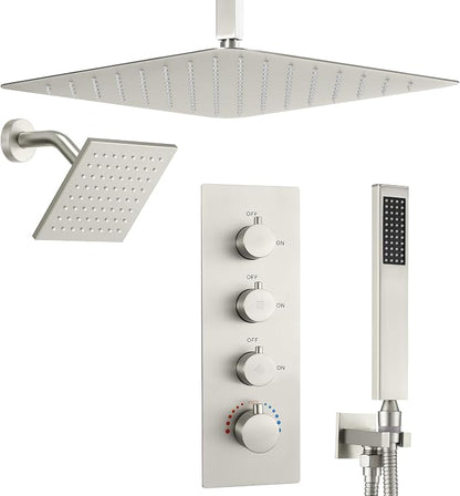 16" Thermostatic Dual Rainfall Head Brushed Nickel Shower System | Ceiling Mounted Full Body Shower Faucet Set with Thermostatic Valve for Couples/ 2-Person，16“+6”Shower Head & handheld