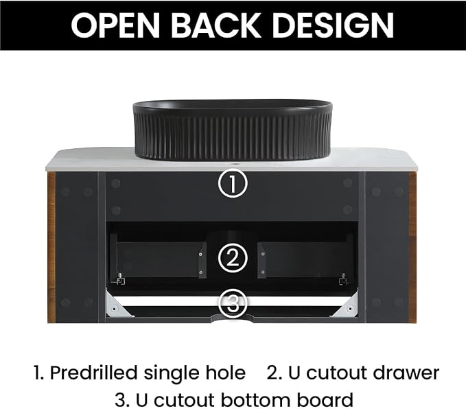 36" Preassembled Floating Bathroom Vanity with Black Sink, Walnut | Mid-Century Modern Style, Fluted & Soft-Close Drawer with U-shaped Wall, Sinterted Stone Countertop, Towel Rack Included