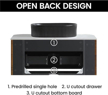 36" Preassembled Floating Bathroom Vanity with Black Sink, Walnut | Mid-Century Modern Style, Fluted & Soft-Close Drawer with U-shaped Wall, Sinterted Stone Countertop, Towel Rack Included
