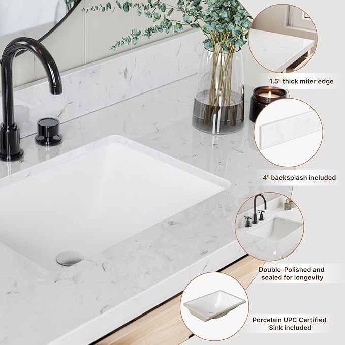 ARIEL 48 inch Bathroom Vanity top with Sink, 1.5 Inch Thick Miter Edge Carrara White Quartz top, Rectangle Single Porcelain Sink, Includes Backsplash
