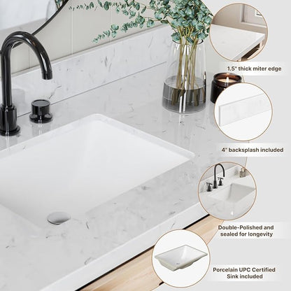 ARIEL 48 inch Bathroom Vanity top with Sink, 1.5 Inch Thick Miter Edge Carrara White Quartz top, Rectangle Single Porcelain Sink, Includes Backsplash