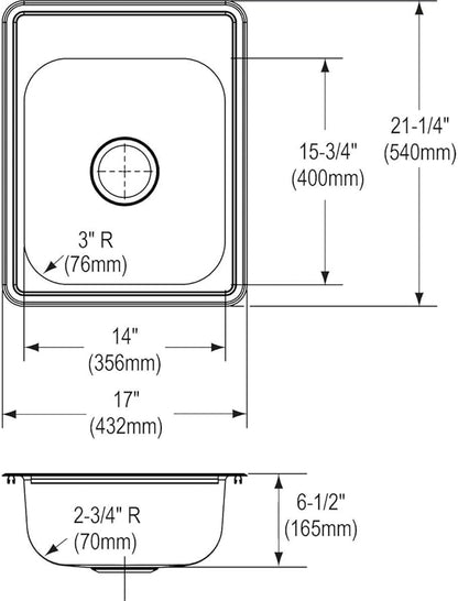Elkay Dayton D117212 Single Bowl Top Mount Bar Sink, 17 x 21, Stainless Steel