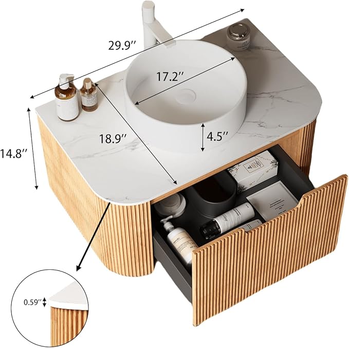 Yayzy 30" Floating Bathroom Vanity with Sink, Solid Wood Fluted Cabinet, White Round Ceramic Basin & Faux Marble Top, Soft-Close Drawer, Pre-Assembled, Natural Woodgrain