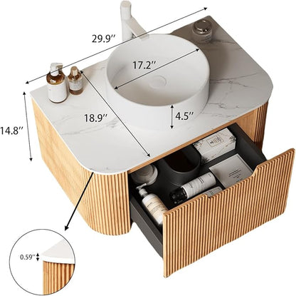 Yayzy 30" Floating Bathroom Vanity with Sink, Solid Wood Fluted Cabinet, White Round Ceramic Basin & Faux Marble Top, Soft-Close Drawer, Pre-Assembled, Natural Woodgrain