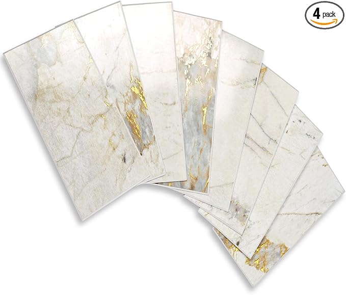 Vamos Tile 4-Piece Glossy Pandora Marble Peel and Stick Backsplash Tile | 3''x6'' Glossy Gold Veining PVC Subway Tile with White Grout,Stick on Backsplash for Kitchen/Bathroom/Laundry/Camper
