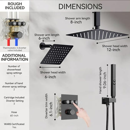 Thermostatic Shower System Matte Black Push Button Shower Faucet Set,12" Ceiling Rainfall and 6" Wall Mount Rain Shower with 2 in 1 Handhled, Can Use All at Once, Shower Set with Valve and Trim Kit
