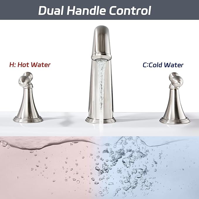 Bathroom Faucet Widespread 3 Hole, 6–16 Inch Vanity Sink Faucet with 2 Handles, Drip-Free Ceramic Disc Valve, Solid Brass, Push Pop-Up Drain Assembly Included