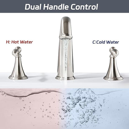 Bathroom Faucet Widespread 3 Hole, 6–16 Inch Vanity Sink Faucet with 2 Handles, Drip-Free Ceramic Disc Valve, Solid Brass, Push Pop-Up Drain Assembly Included