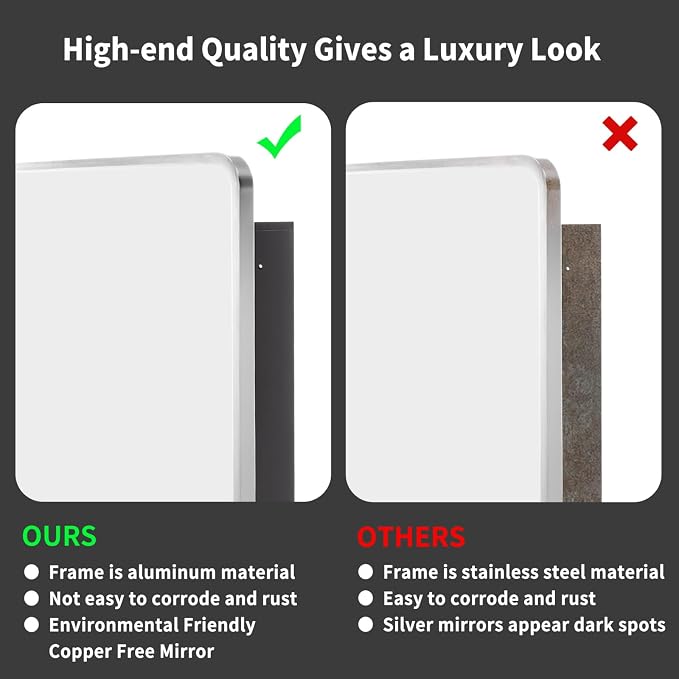 Movo 24x30 Inch Black Metal Framed Bathroom Mirror Medicine Cabinet Rectangle Tilting Beveled Vanity Mirrors Recess or Surface Mount Installation Chrome