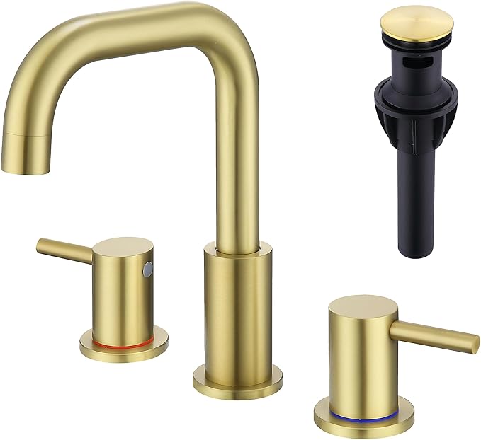 Brushed Gold Bathroom Faucet, 8 in Gold Widespread Bathroom Sink Faucet 3 Hole with Pop Up Drain and Supply Lines, Stainless Steel 2 Handle Gold Faucet for Bathroom Vanity