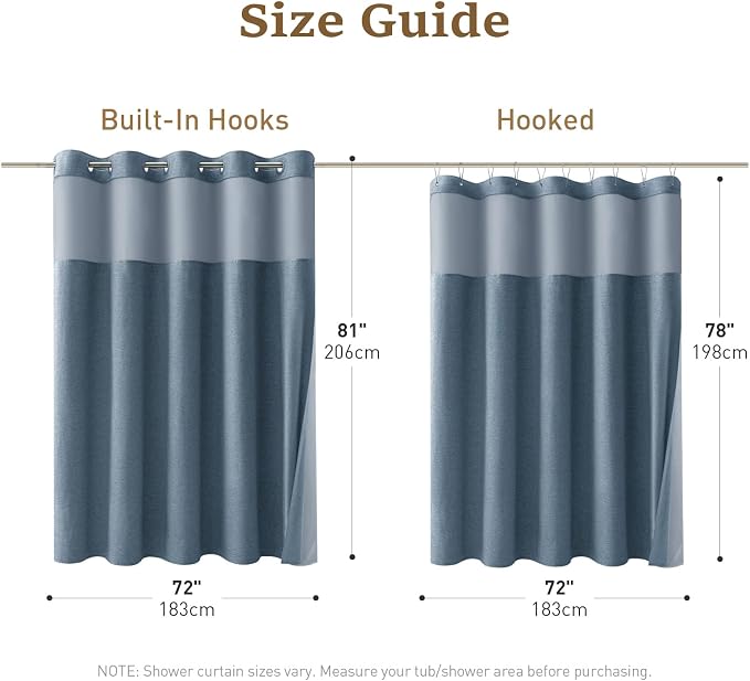 72x81 Ringless Linen Textured Shower Curtain with Snap in Liner, Blue | Tall Size, 3 in 1 Shower Curtain Set, Removable Liner, Waterproof & Washable, Mesh Top Window, Durable Fabric, Easy Setup