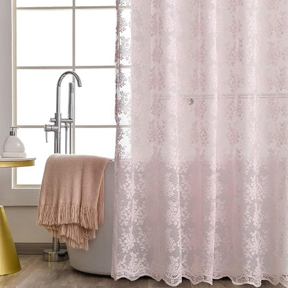 Pink Lace Shower Curtain 72x72, Cute Girly Style with Attached Valance | Vintage Floral Lace and Scalloped Trim, Filter Soft Light, Creating a Delicate Romantic Shabby Chic Bathroom Look