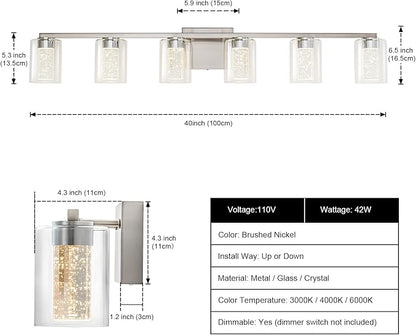 SineRise 6-Light Brushed Nickel Vanity Light with 3 Color Modes (3000K/4000K/6000K), Eye Protection LED Bathroom Light Fixture, Dimmable Modern Wall Light Over Mirror with Clear Glass Shade