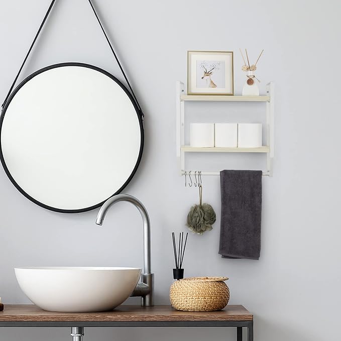 OYEAL Bathroom Shelf with Towel Bar Wall Mounted | Towel RaRustic Towel Shelf for Bathroom with 5 Hooks, 2 Tier Shelf Storage Organizer for Living Room, Kitchen, Bedroom, White
