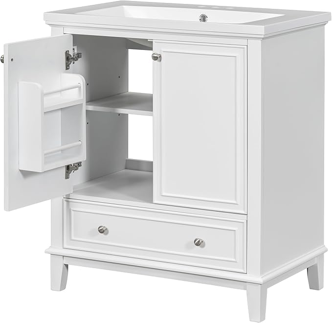 LUMISOL 30" Bathroom Vanity with Sink Set, Modern Single Bathroom Cabinet with Storage Doors and Drawer, Solid Wood Bathroom Vanity with Ceramic Sink, White