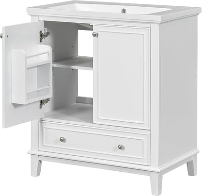 LUMISOL 30" Bathroom Vanity with Sink Set, Modern Single Bathroom Cabinet with Storage Doors and Drawer, Solid Wood Bathroom Vanity with Ceramic Sink, White