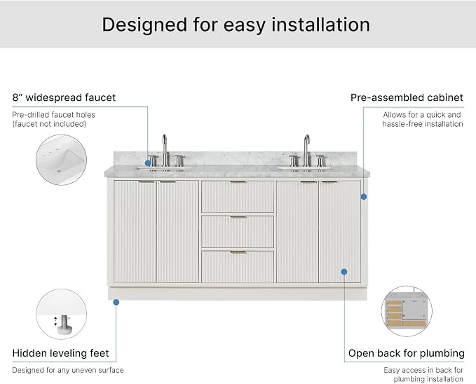 ARIEL Milan 72-inch Bathroom Vanity with Sink,Solid Wood, 1.5-inch Italian Carrara Marble Countertop, Double Rectangular Porcelain Sink, 4 Soft Closing Doors, 3 Dovetail Drawers, Warm White