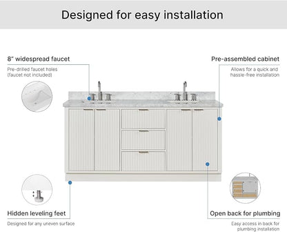 ARIEL Milan 72-inch Bathroom Vanity with Sink,Solid Wood, 1.5-inch Italian Carrara Marble Countertop, Double Rectangular Porcelain Sink, 4 Soft Closing Doors, 3 Dovetail Drawers, Warm White