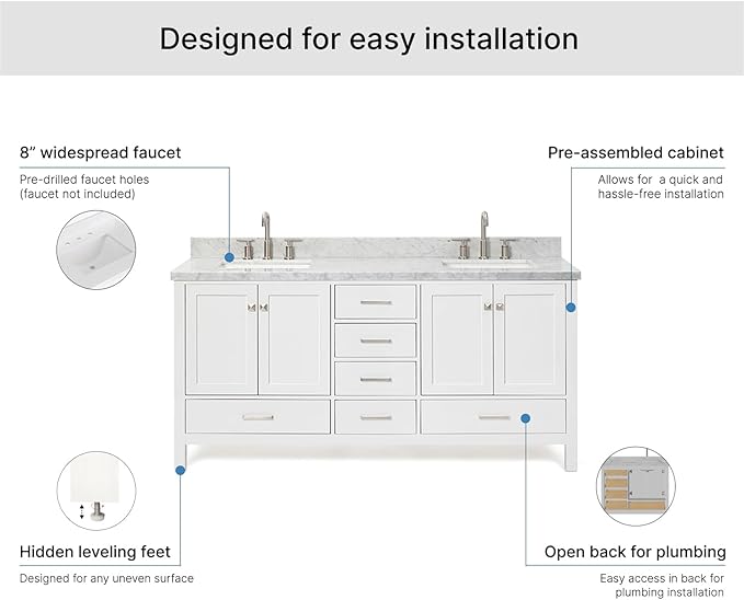 ARIEL Cambridge 72-inch Bathroom Vanity with Sink,Solid Wood, 1.5-inch Italian Carrara Marble Countertop, Double Rectangular Porcelain Sink, 4 Soft Closing Doors, 6 Dovetail Drawers, White