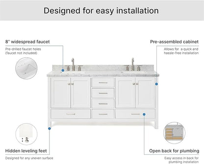 ARIEL Cambridge 72-inch Bathroom Vanity with Sink,Solid Wood, 1.5-inch Italian Carrara Marble Countertop, Double Rectangular Porcelain Sink, 4 Soft Closing Doors, 6 Dovetail Drawers, White