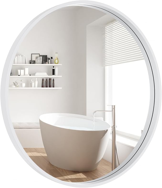 Round Wood Mirror 24 inch Circle Wall Mirror for Bathroom Round Wall Mirror for Wall Decor, Vanity, Entryway Living Room (White)