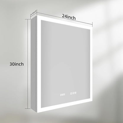 LED Medicine Cabinet Mirror with Lights, 24x30 Inch Bathroom Storage, Recessed/Wall Mount, Plug-in/Hardwired, 3 Color Dimmable Light, Anti-Fog, Time Temp Display, Right Hinge