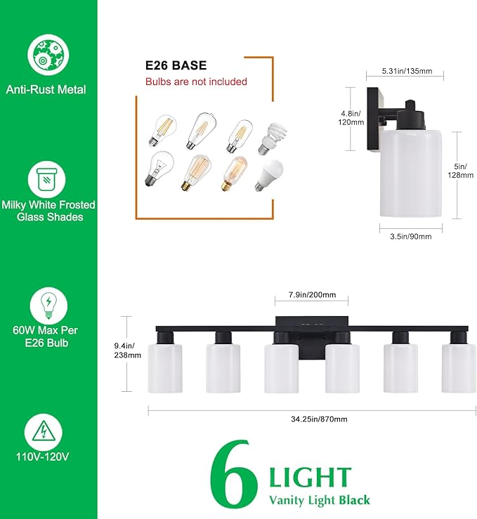6-Light Bathroom Vanity Light Black, Matte Black Bathroom Light Fixture, Vanity Lights with Milky White Frosted Glass Shades, Wall Sconces Over Mirror for Makeup Living Room(Bulbs Not Included)