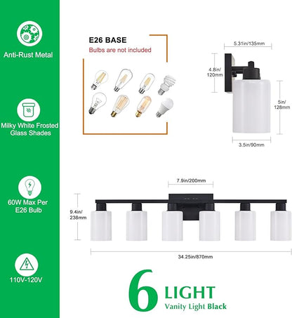 6-Light Bathroom Vanity Light Black, Matte Black Bathroom Light Fixture, Vanity Lights with Milky White Frosted Glass Shades, Wall Sconces Over Mirror for Makeup Living Room(Bulbs Not Included)