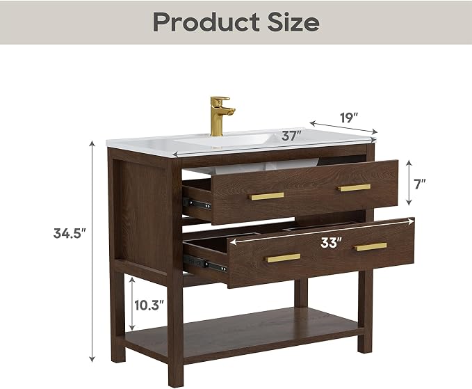 36 Inch Bathroom Vanity with Sink, Farmhouse Storage Cabinet with Drawers & Open Storage Shelf, Assembly Required, Adjustable Feet, Walnut