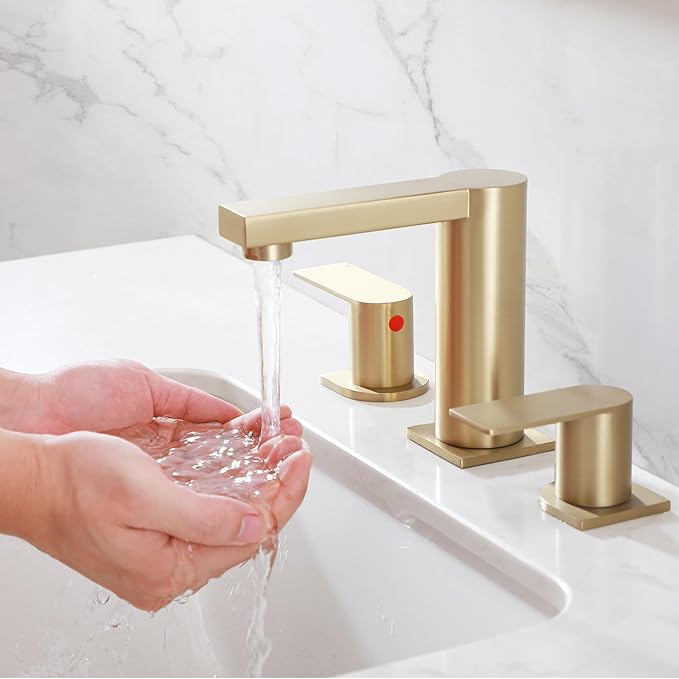Gold Bathroom Faucet 3 Hole, Widespread Bathroom Faucet Brushed Gold, 2-Handles 8 Inch Centerset Bathroom Sink Faucets with Water Hoses and Drain Faucets for RV Bath Vanity Lavatory, RH079GVAL
