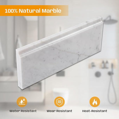4 Pcs Carrara White Marble Baseboard Trim Molding, Polished | 4.5"x12" Marble Base Moulding for Kitchen, Bathroom, Wall, Floor & Shower, Protects Walls, Easy to Install, Durable