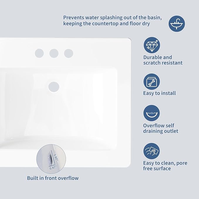 20X17 Inch White Ceramic Drop-in Bathroom Sink, Oval Vanity Top with & 3-Hole Faucet (1.25" Centers), CUPC Certified Contemporary Lavatory for Small Spaces
