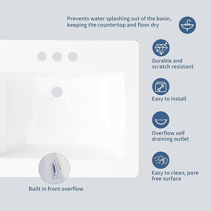 20X17 Inch White Ceramic Drop-in Bathroom Sink, Oval Vanity Top with & 3-Hole Faucet (1.25" Centers), CUPC Certified Contemporary Lavatory for Small Spaces