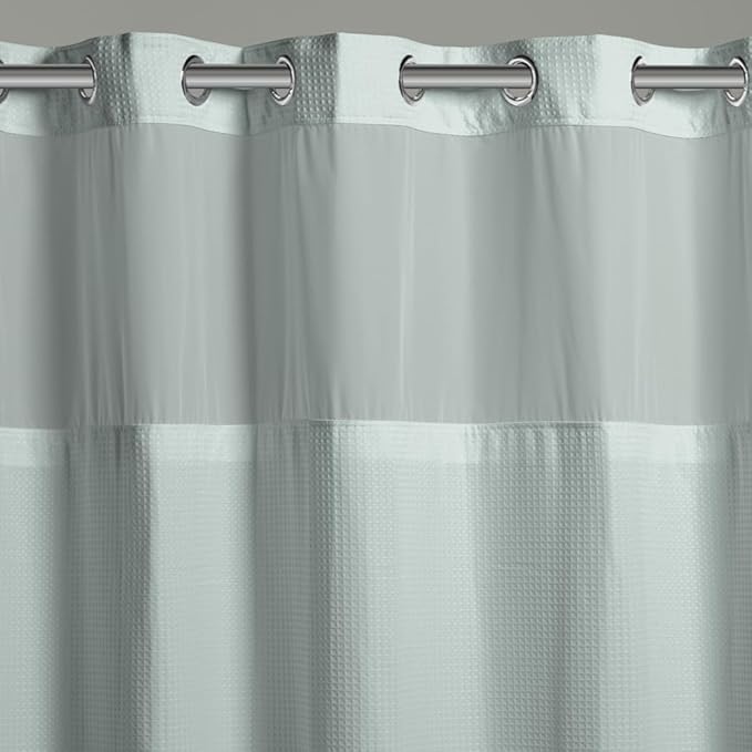 It's A Snap! Waffle Shower Curtain, 3-in-1 with Fabric Shower Curtain, Sheer Top Window, Flex-On Rings & Liner, 71' x 74', Misty Blue