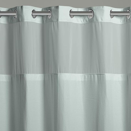 It's A Snap! Waffle Shower Curtain, 3-in-1 with Fabric Shower Curtain, Sheer Top Window, Flex-On Rings & Liner, 71' x 74', Misty Blue