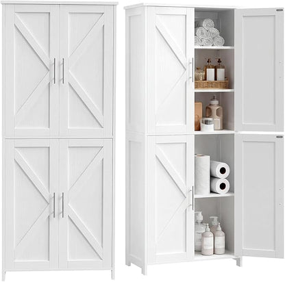 Tall Bathroom Storage Cabinet, 11 x 22.8 x 63 Inches, Floor Cabinet with Barn Doors, Adjustable Shelf, Linen Pantry Cabinet for for Kitchen, Laundry Room, Living Room, Entryway, White
