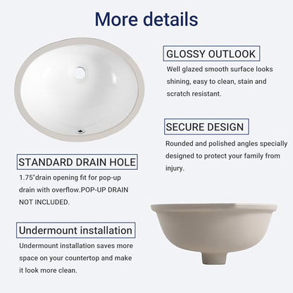 18"x15" Oval Shape Undermount Bathroom Vessel Sink, Ceramic White Vanity Top Sink with Overflow