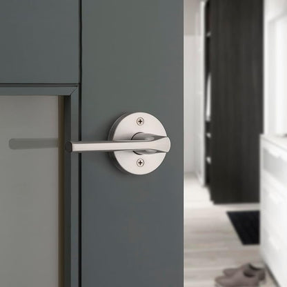 Kwikset Lisbon Interior Privacy Door Handle with Lock, Round Lever for Bathroom and Bedroom, Satin Nickel Reversible Keyless Push Button Lock Door Lever, with Microban Protection