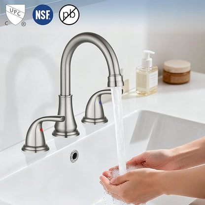 Widespread Bathroom Sink Faucet Deck Mounted 3 Hole 8 inch Bathroom Vanity Faucet 2 Handles Basin Mixer Tap with Pop up Drain,Brushed Nickel
