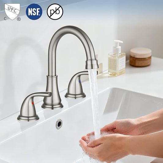Widespread Bathroom Sink Faucet Deck Mounted 3 Hole 8 inch Bathroom Vanity Faucet 2 Handles Basin Mixer Tap with Pop up Drain,Brushed Nickel