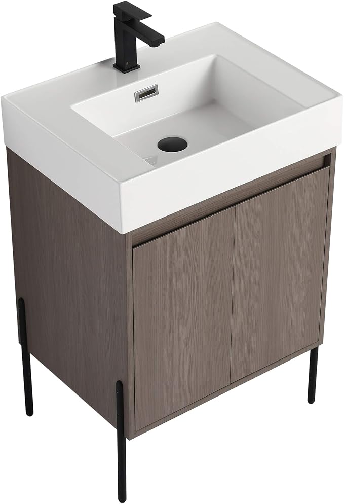 Crownpoint 24 Inch Bathroom Vanity with Sink, White Sink, Gray Oak Finish, Full Assembly Required, Elegant Bathroom Vanities for Modern Homes