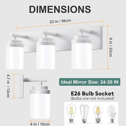 IZORRO Bathroom Vanity Light Fixture, 3-Light 22 Inch White Bathroom Light Fixtures Over Mirror, with White Glass Shade, Modern Farmhouse Vanity Lights, Rustic Restroom Lighting Fixtures