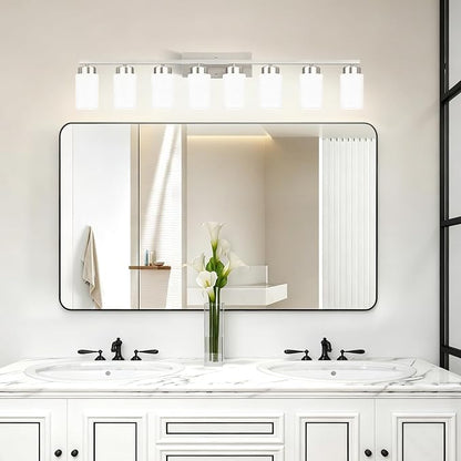 IZORRO Modern Bathroom Light Fixtures, 8 Light Brushed Nickel Vanity Lights, Bathroom Lighting Fixtures Over Mirror with White Glass for Living Room Cabinet Bedroom