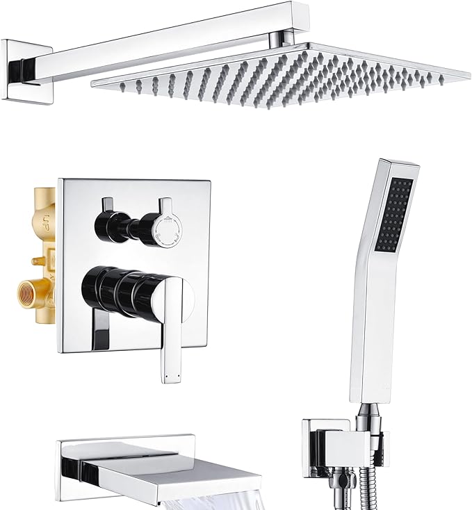 Shower System with Tub Spout, All Metal Bathtub Shower Faucet Set with High Pressure 10 Inch Rain Shower Head and Handheld Shower Head Set, Chrome (Valve Include)
