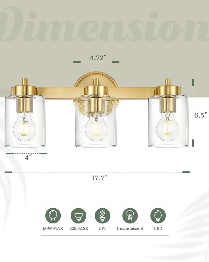 Ken & Ricky 3 Light Brushed Gold Bathroom Vanity Lights Fixtures | Over Mirror,Modern Wall Sconce,E26，Clear Glass Shades For Living Room Bedroom Entryway