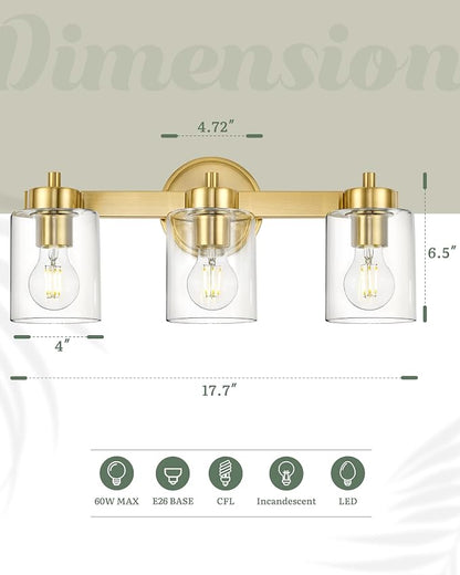 Ken & Ricky 3 Light Brushed Gold Bathroom Vanity Lights Fixtures | Over Mirror,Modern Wall Sconce,E26，Clear Glass Shades For Living Room Bedroom Entryway